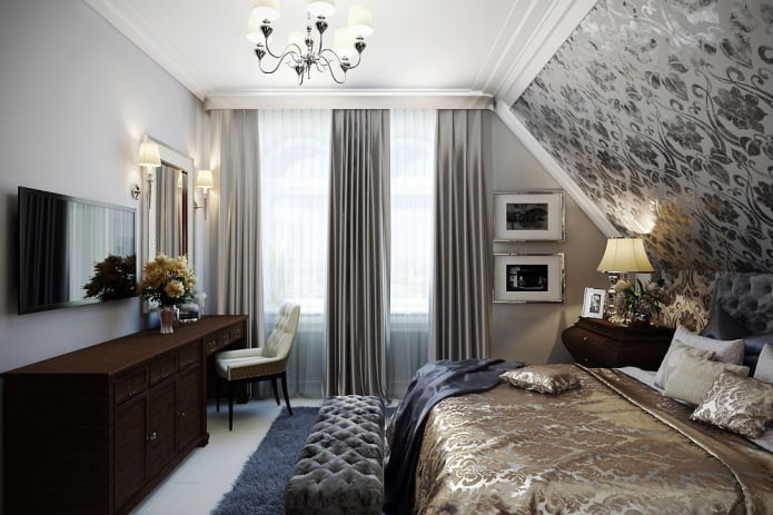 gray and white curtains in the design of the bedroom with gray wallpaper