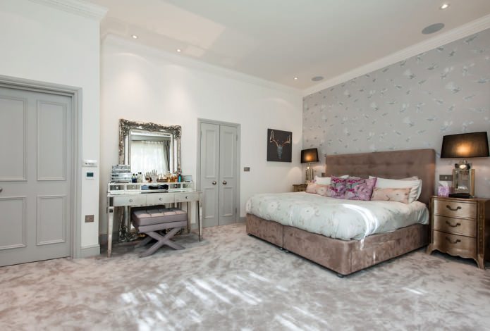 bedroom design with gray wallpaper