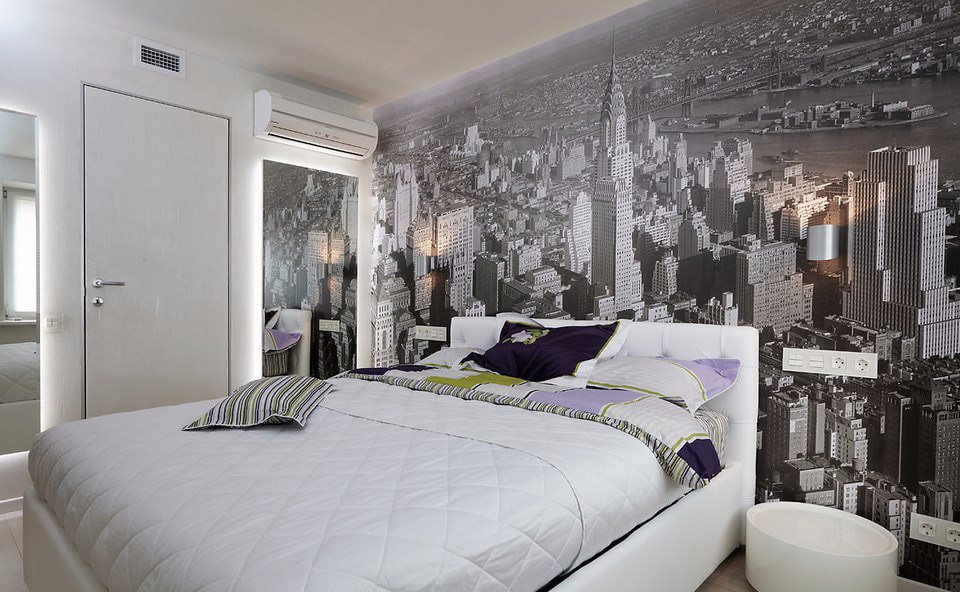 Gray photo wallpaper in the bedroom