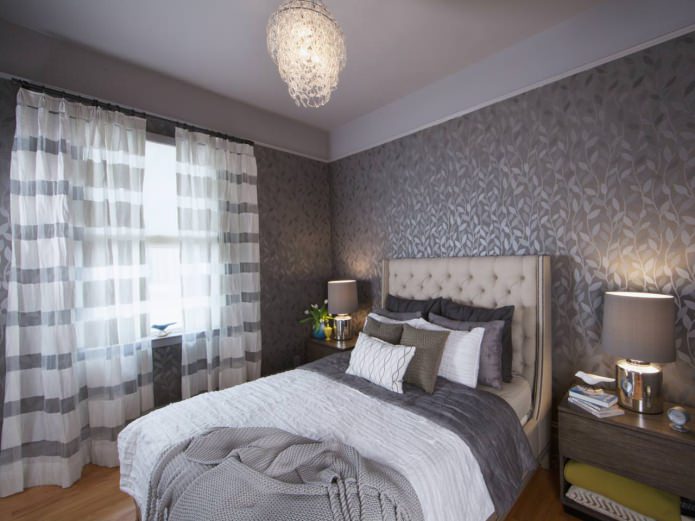 bedroom design with gray wallpaper