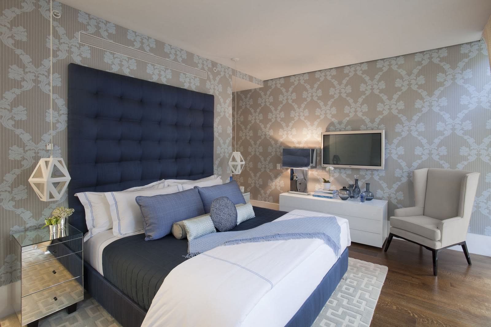 bedroom interior with gray wallpaper