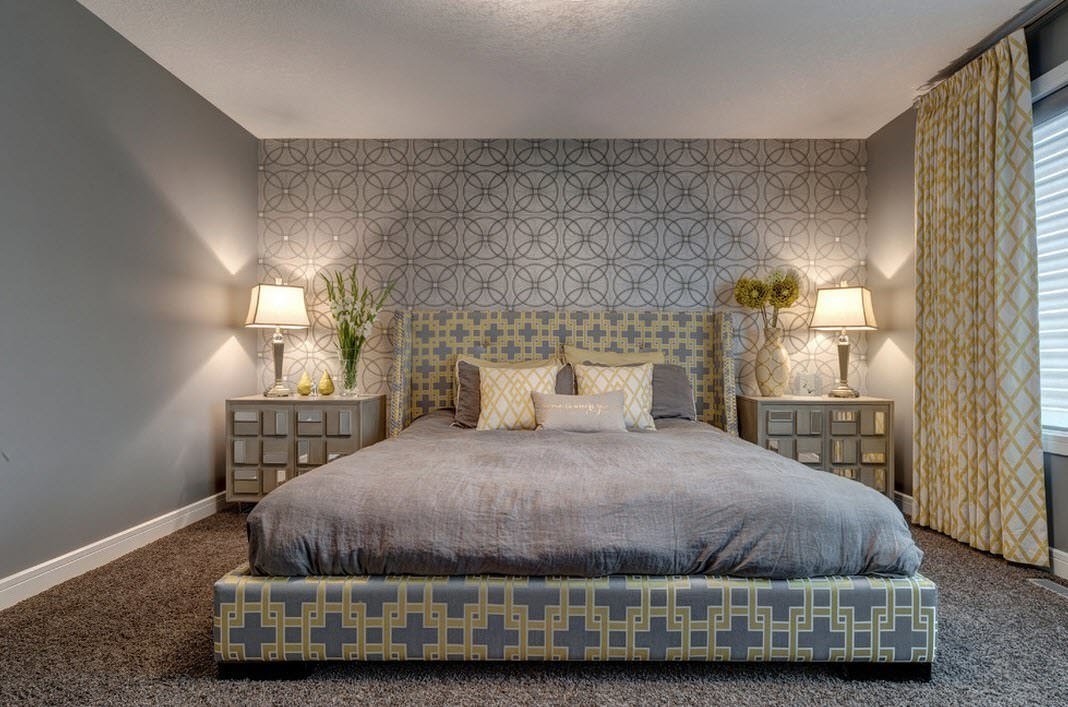 bedroom interior with gray wallpaper