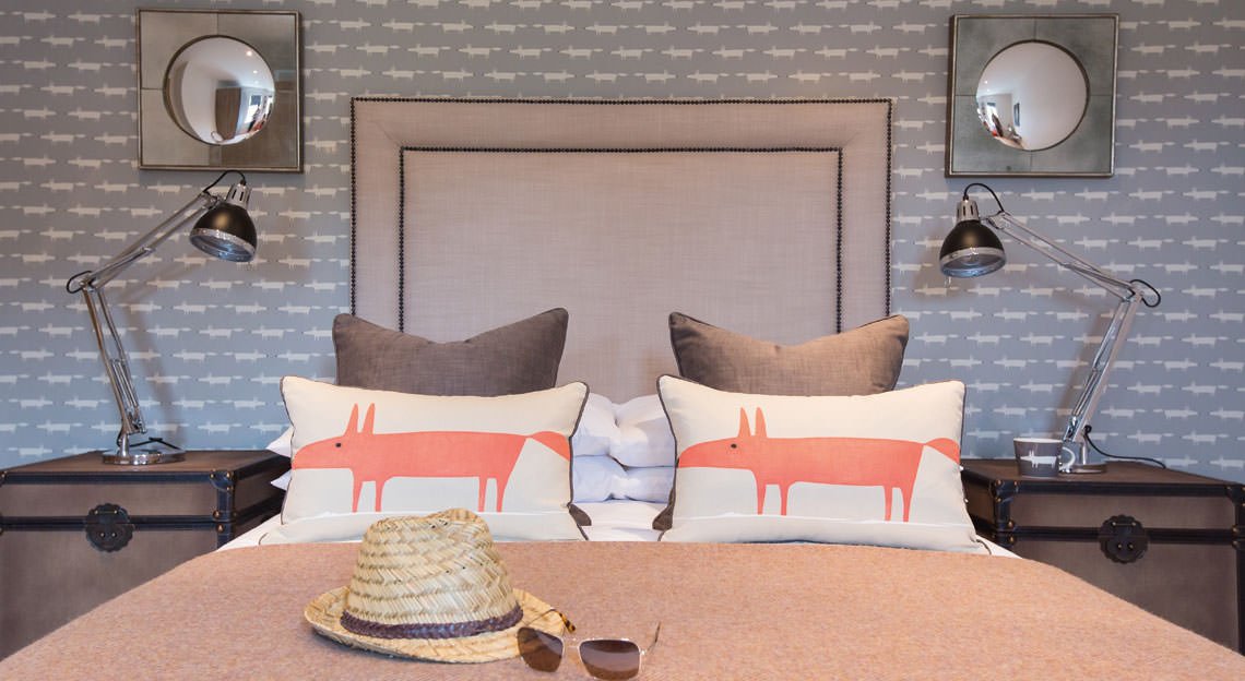 bedroom interior with gray wallpaper
