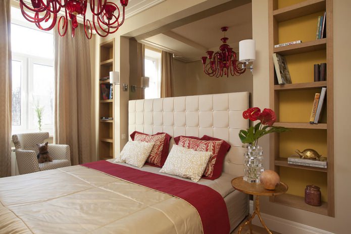 bedroom with niches in the wall and mirror finish