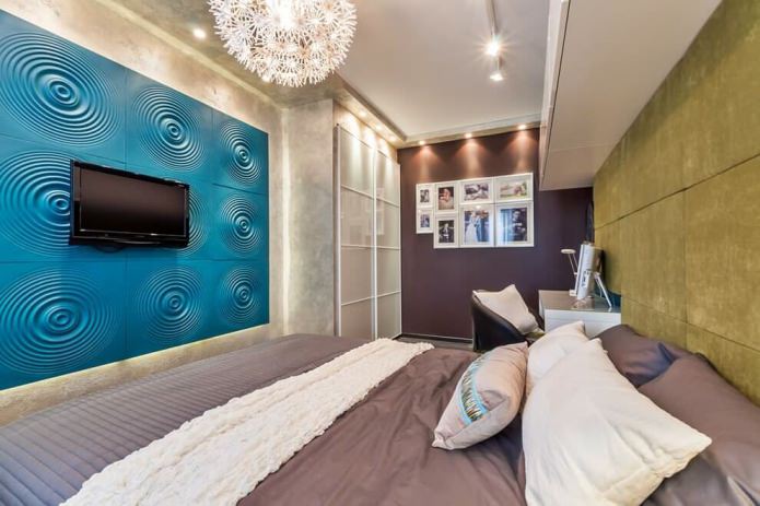 blue 3D panels on the wall in the bedroom