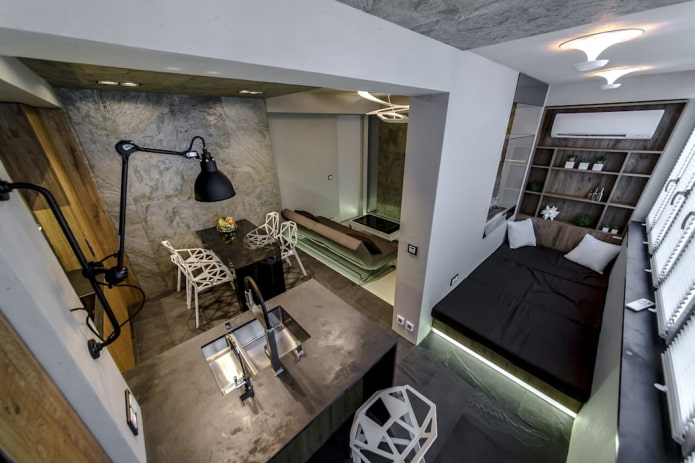 studio apartment interior with balcony