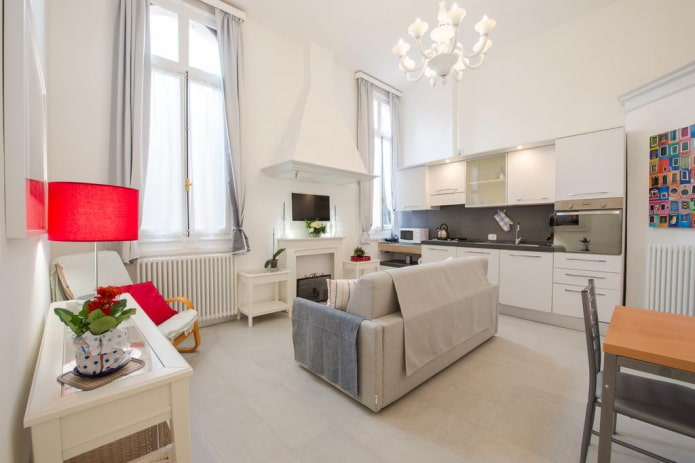 studio apartment interior with two windows