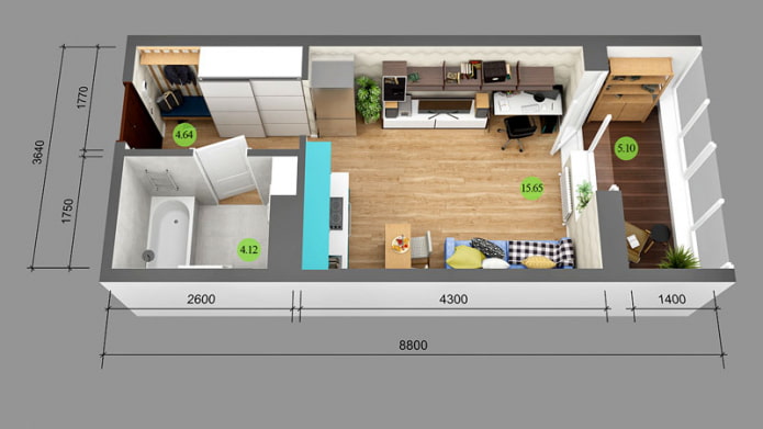 Layout of a studio apartment of 25 sq. m.