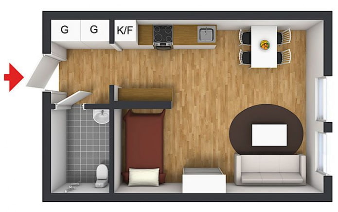 Layout of a studio apartment of 25 sq. m.