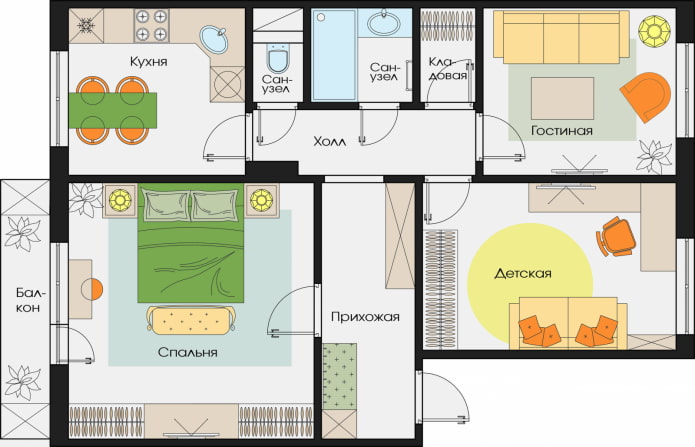 Layout of a three-room apartment