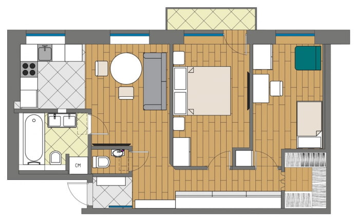 Design of a three-room apartment with a kitchen-living room