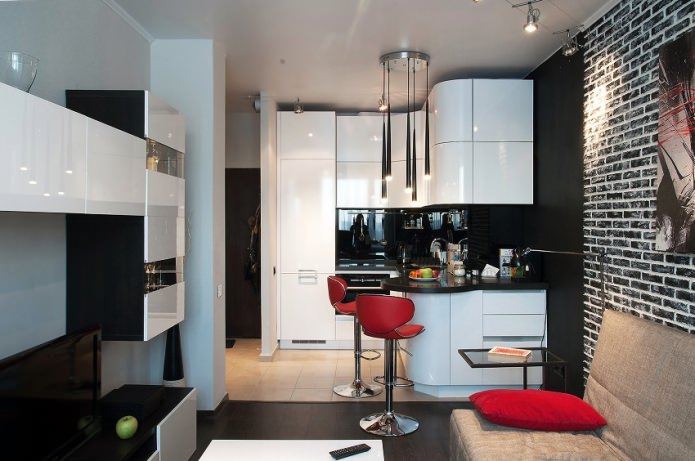 stylish kitchen-living room with a bar counter