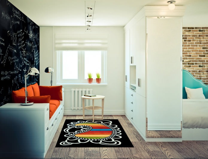 living room in the project of a corner one-room apartment of 32 sq. m.
