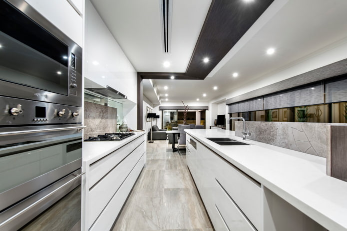lighting in the interior of a narrow kitchen