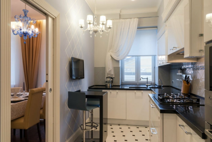 textile decoration of the interior of a narrow kitchen
