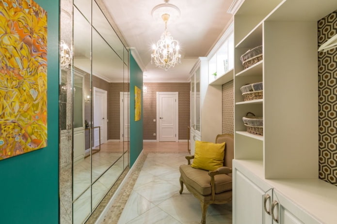narrow hallway with a mirror panel
