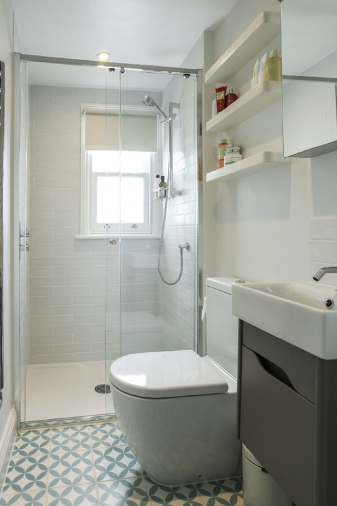 narrow shelves above the toilet