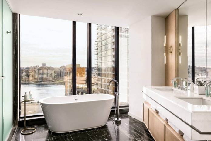 floor-to-ceiling windows in the bathroom