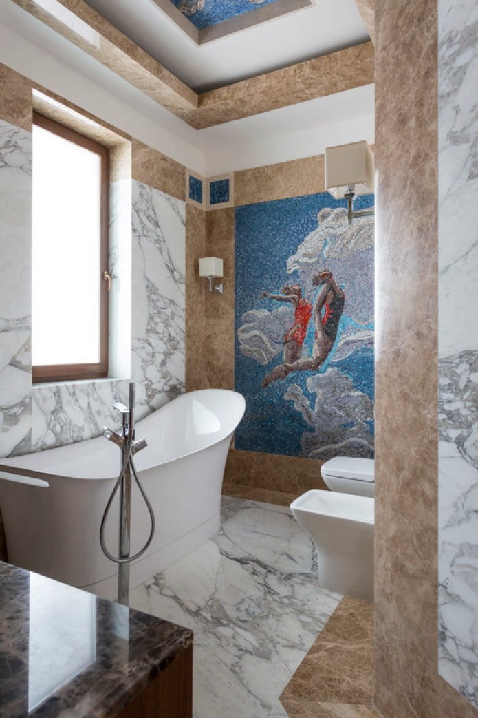 mosaic on the wall in the shower