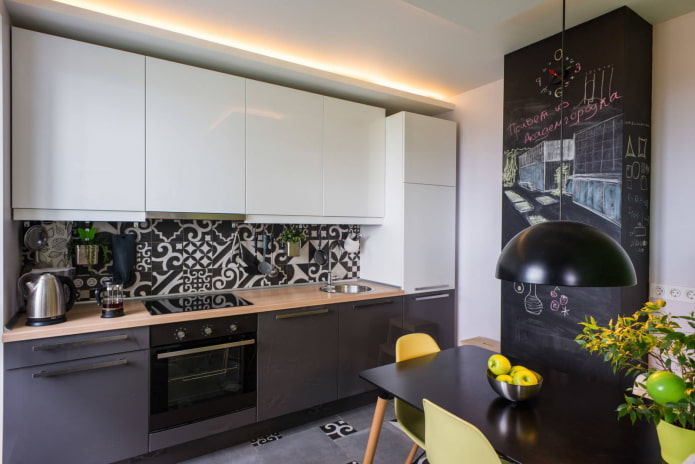 Kitchen with an air duct finished with slate paint