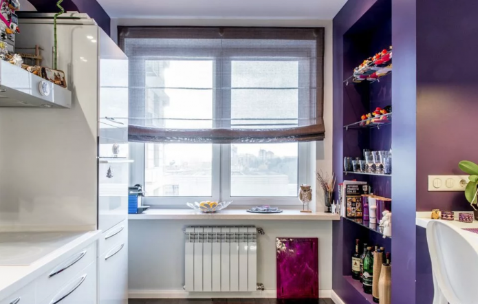 Bright kitchen with shelves on the ventilation box