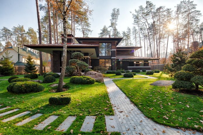 landscape design of the house in Scandinavian style