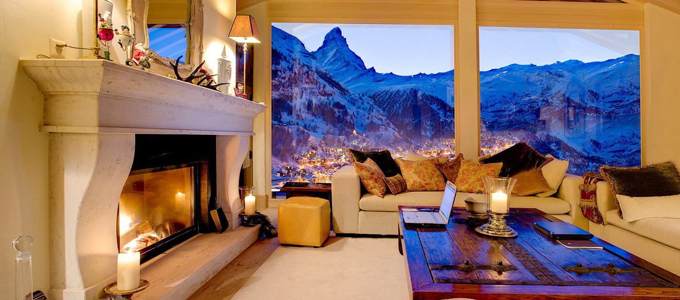 interior of the living room in a country house with panoramic windows