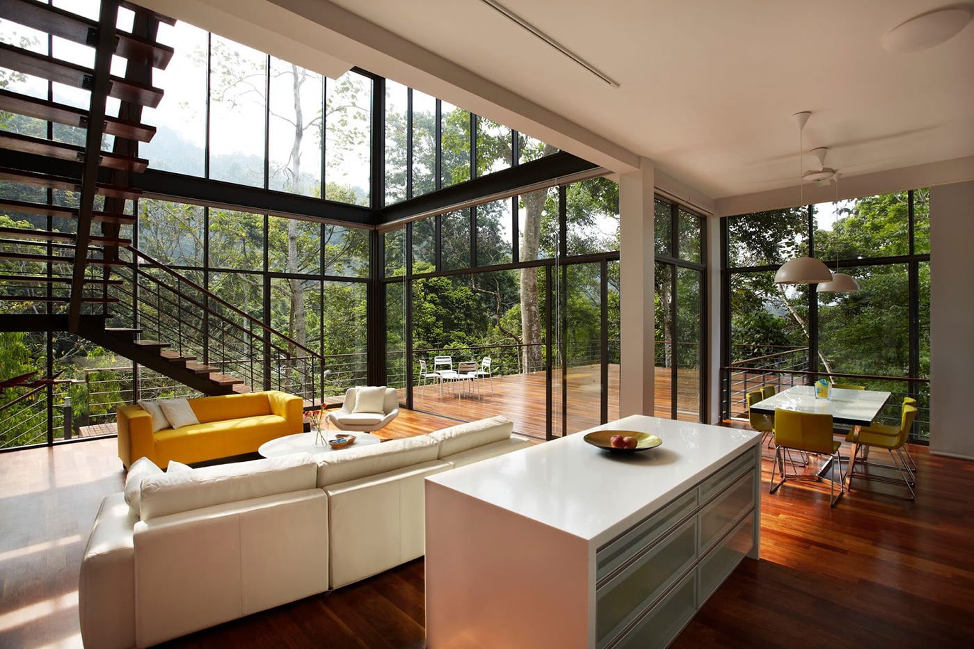 living room interior in a country house with panoramic windows