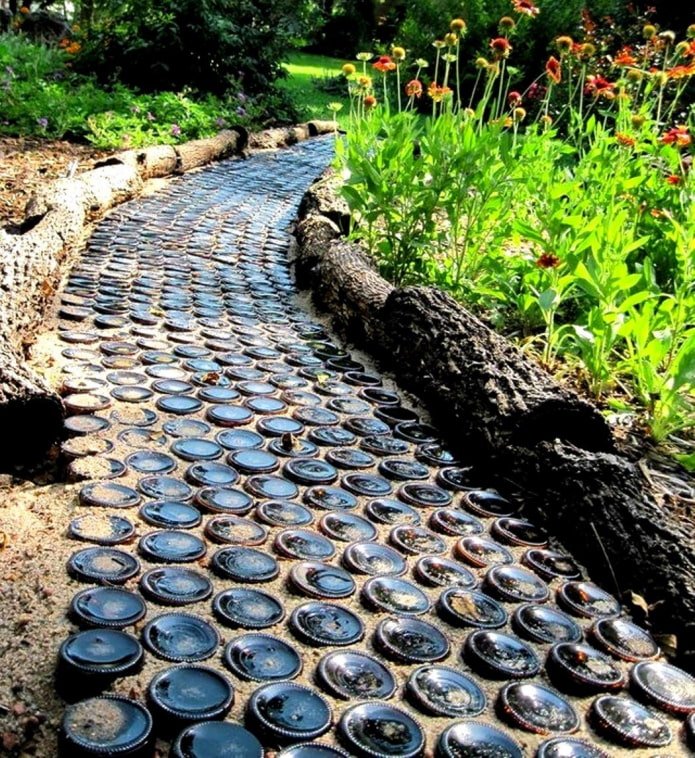 path between beds made of bottles