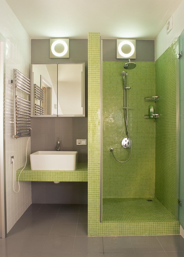 shower made of green tiles in the interior