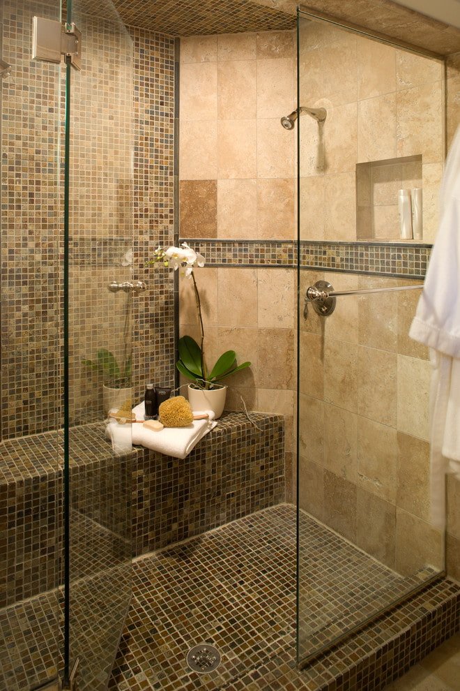 shower with tiled seat in the interior