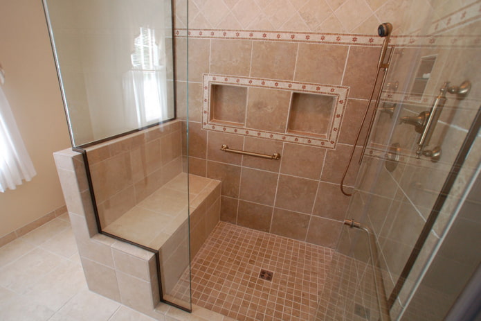 shower with tiled seat in the interior