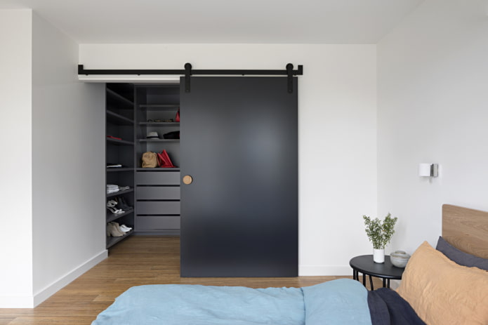 dressing room with a matte door in the bedroom interior