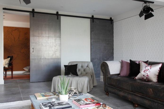 barn doors in a living room in a loft style