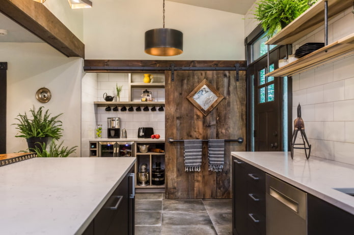 door from boards in the kitchen in loft style