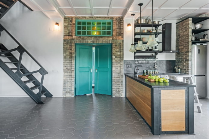 doors in the kitchen interior in the loft style