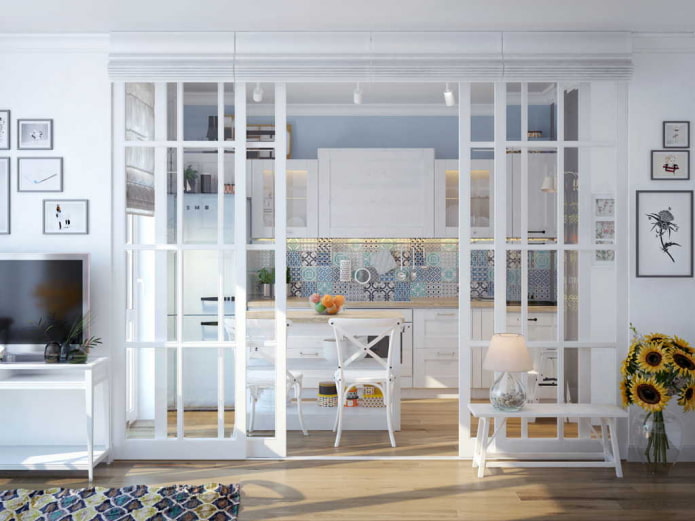 sliding doors in the interior of the kitchen-living room in Provence style