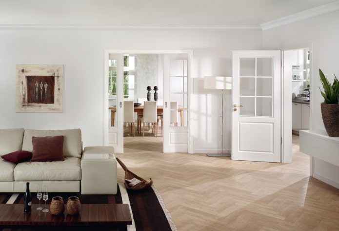 doors in the interior of a walk-through living room 