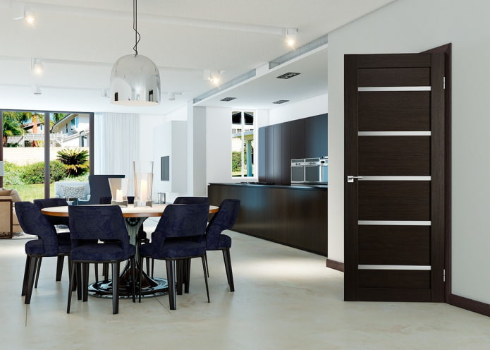 wenge-colored doors in the kitchen-dining room in a modern style