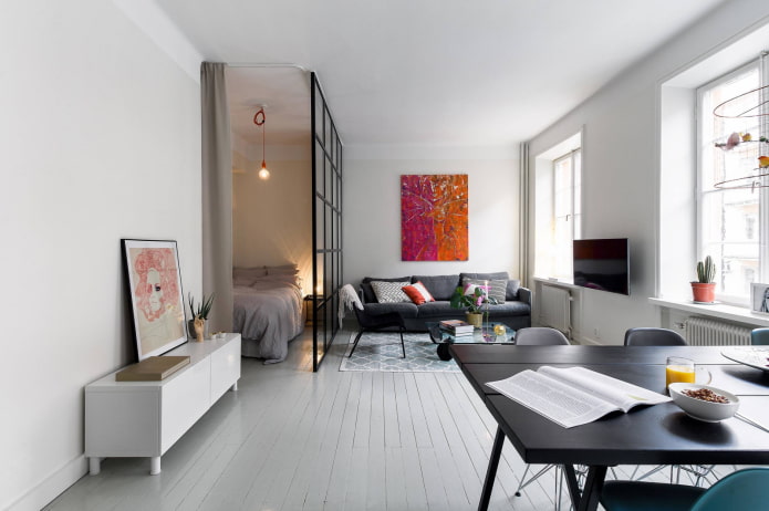 White plank floor in a Khrushchev studio apartment