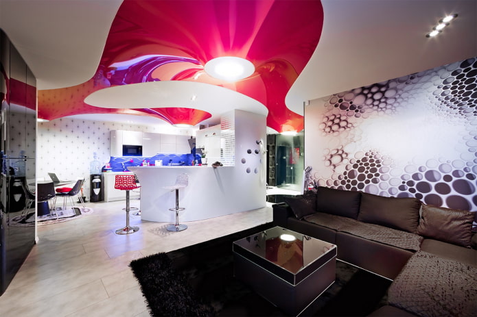 white and pink stretch ceiling in the interior