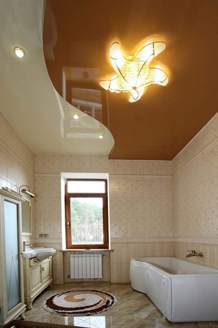 two-color ceiling in the bathroom interior