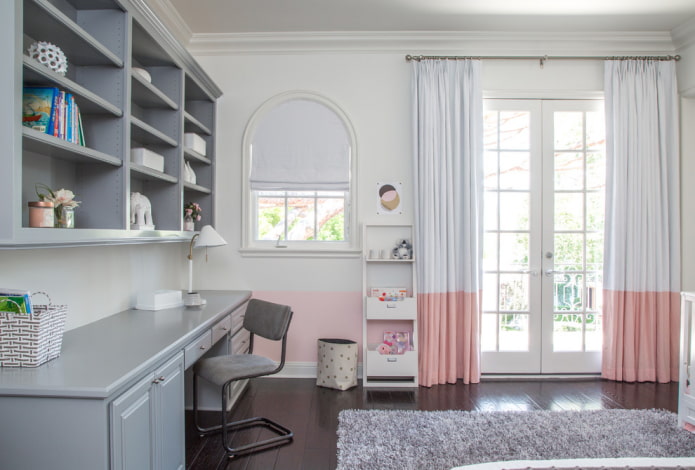 two-color curtains with a stripe along the bottom