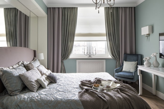 combination of gray and lilac on curtains in the bedroom