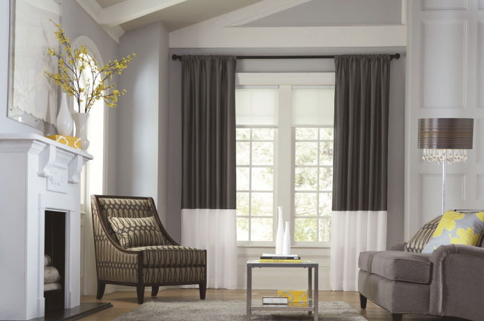 two-color curtains with a stripe along the bottom
