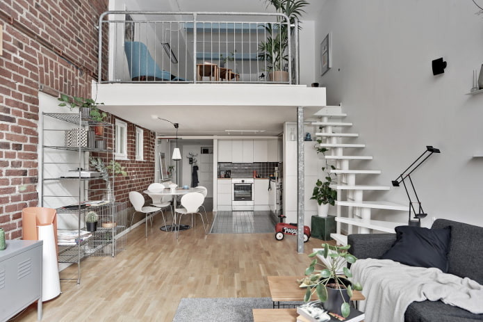 interior of a two-level apartment in loft style
