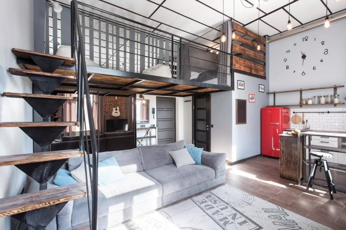 interior of a two-level apartment in loft style