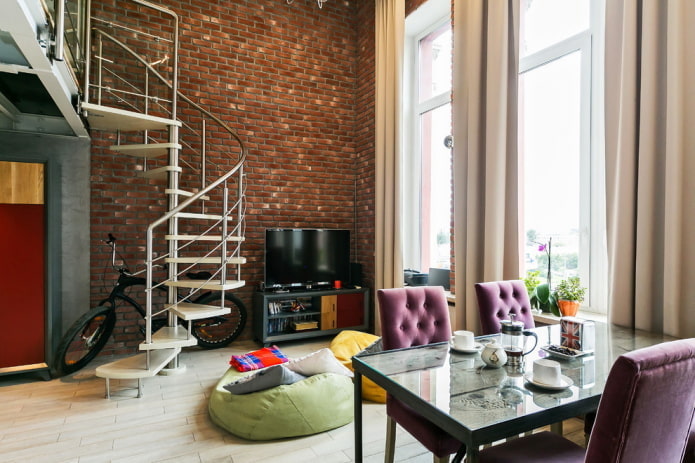 interior of a two-level apartment in loft style