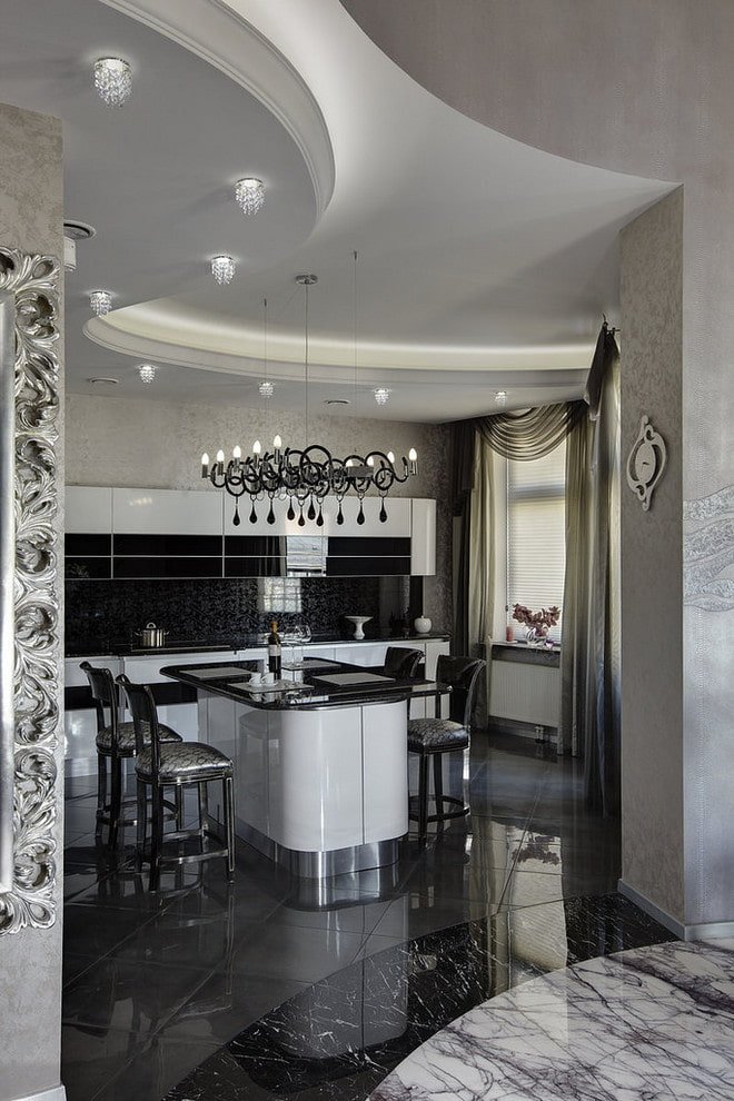two-level wave-shaped construction in the kitchen