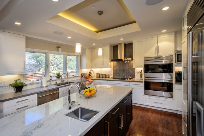 two-level plasterboard structure in the kitchen